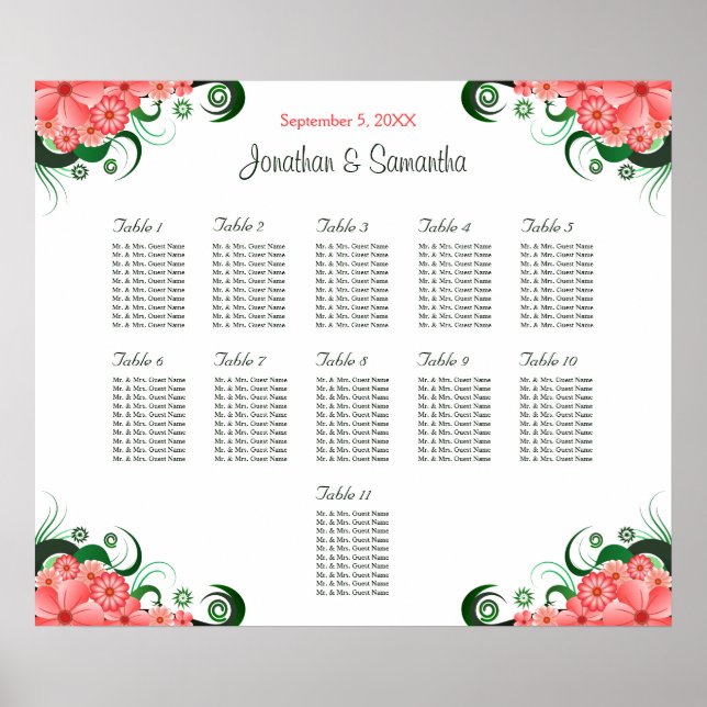 Pink Hibiscus Wedding 11 Tables Seating Charts (Front)