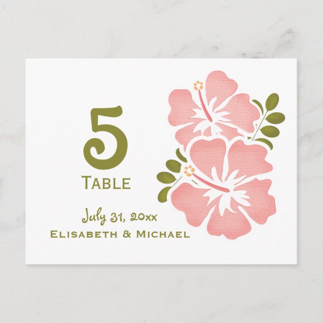 Pink Hibiscus Wedding Reception Table Number Card (Front)