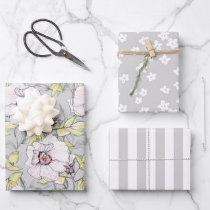 Pink Hibiscus Wildflower Grey White Stripe Wrapping Paper Sheet