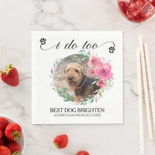 Pink Hibiscus Wreath with Dogs Photo Wedding Napkin