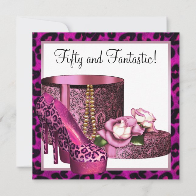 Pink High Heel Shoes Womans Leopard 50th Birthday Invitation (Front)