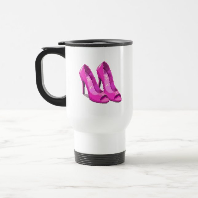 Pink High Heels 64-Bit Pixel Art Style Travel Mug (Left)