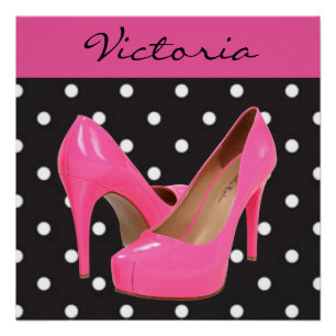 Pink High Heels Black White Polka Dots Poster