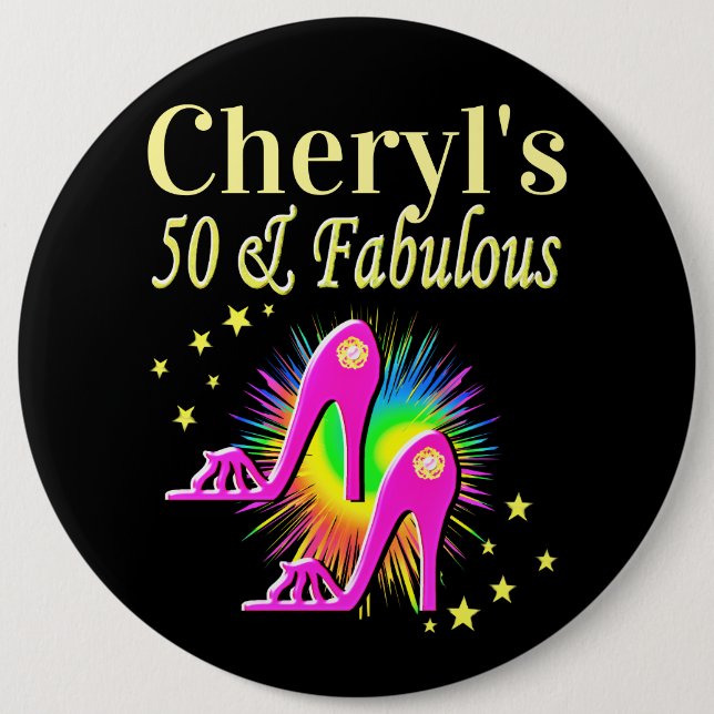 PINK HIGH HEELS PERSONALIZED 50TH BIRTHDAY 6 CM ROUND BADGE (Front)