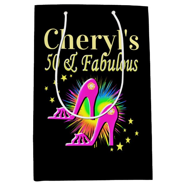 PINK HIGH HEELS PERSONALIZED 50TH BIRTHDAY MEDIUM GIFT BAG (Front)