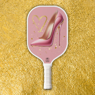 Pink high heels with gold hearts pickleball paddle