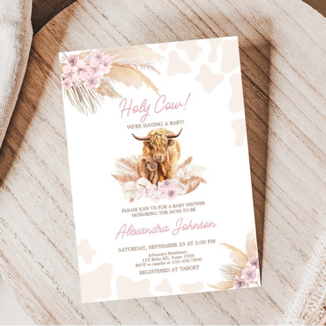 Pink Highland Cow Baby Shower  Invitation (Girl Holy Cow Baby Shower Invitation)