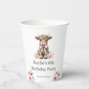 Pink Highland Cow Birthday Party Paper Cups