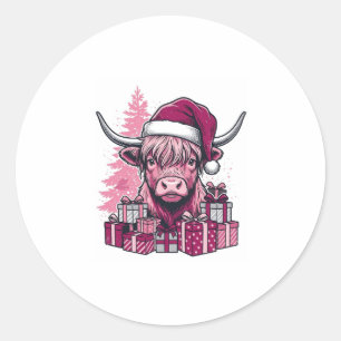 Pink Highland Cow Christmas Gifts Vintage Art_1 Classic Round Sticker