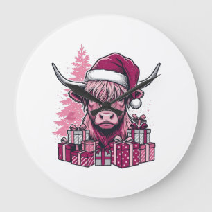 Pink Highland Cow Christmas Gifts Vintage Art_1 Large Clock