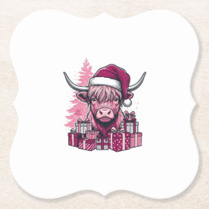 Pink Highland Cow Christmas Gifts Vintage Art_1 Paper Coaster