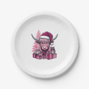 Pink Highland Cow Christmas Gifts Vintage Art_1 Paper Plate