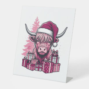 Pink Highland Cow Christmas Gifts Vintage Art_1 Pedestal Sign