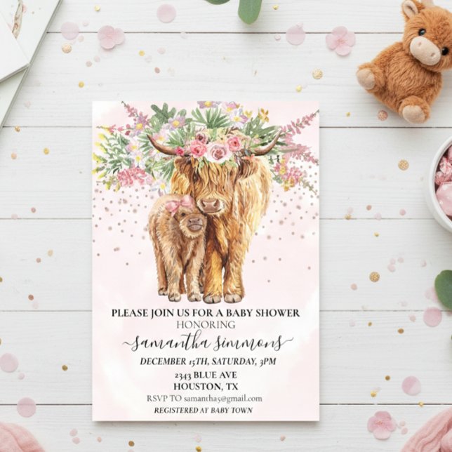 Pink Highland Cow Floral Baby Shower  Acrylic Invitations (Creator Uploaded)