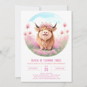 Pink Highland Cow Meadow Magic Birthday Invitation