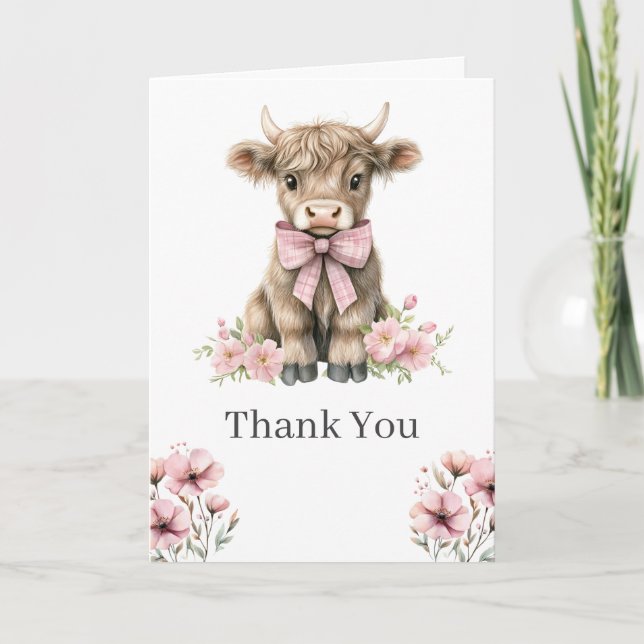 Pink Highland Cow Thank You Card (Front)