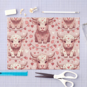 Pink Highland Cow Valentine Hearts Roses Tissue Paper