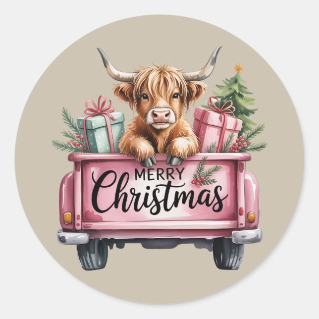 Pink Highland Cow Xmas Girly Fluffy Cow In Truck Classic Round Sticker (Front)