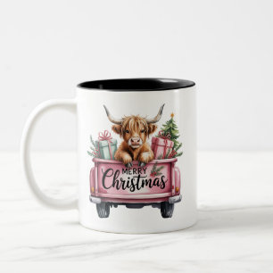 Pink Highland Cow Xmas Girly Fluffy Cow In Truck Two-Tone Coffee Mug