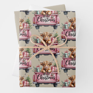 Pink Highland Cow Xmas Girly Fluffy Cow In Truck Wrapping Paper Sheet