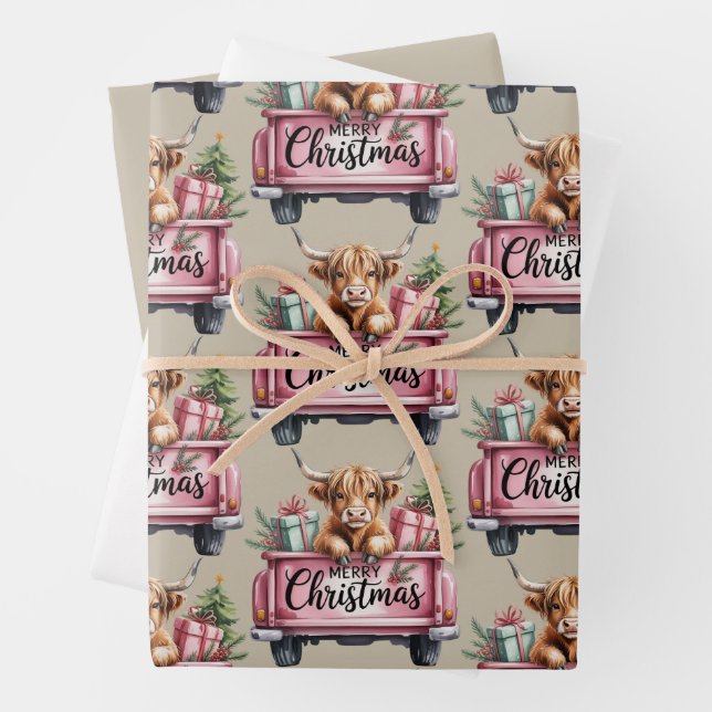 Pink Highland Cow Xmas Girly Fluffy Cow In Truck Wrapping Paper Sheet (In situ)
