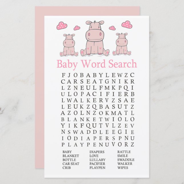 Pink Hippo Baby Shower Word Search Game (Front/Back)