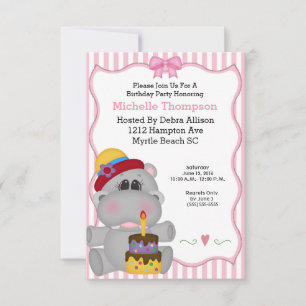 Pink Hippo Birthday Party Invitations