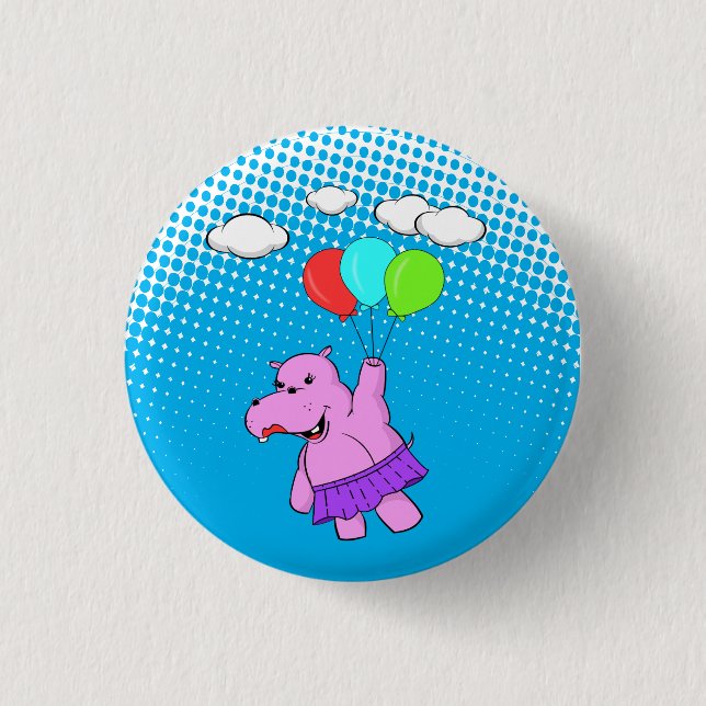 Pink Hippo Flying With Balloons 3 Cm Round Badge (Front)