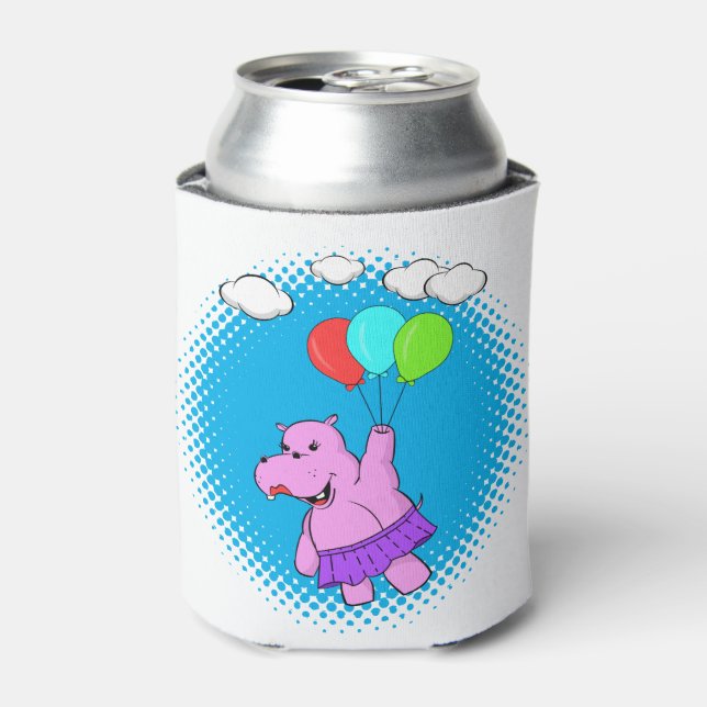Pink Hippo Flying With Balloons Can Cooler (Can Front)