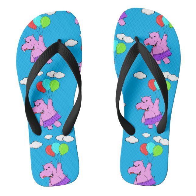 Pink Hippo Flying With Balloons In Blue Sky Jandals (Footbed)