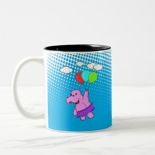 Pink Hippo Flying With Balloons Two-Tone Coffee Mug (Left)