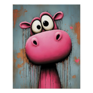 pink hippo in cartoon comic style poster