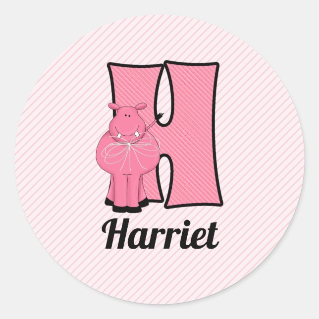 Pink Hippo Monogrammed Letter H with Name Classic Round Sticker (Front)