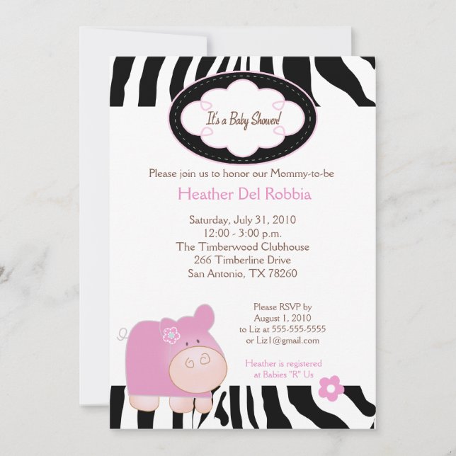 Pink Hippo Zebra Stripe Baby Shower Invitation 5x7 (Front)