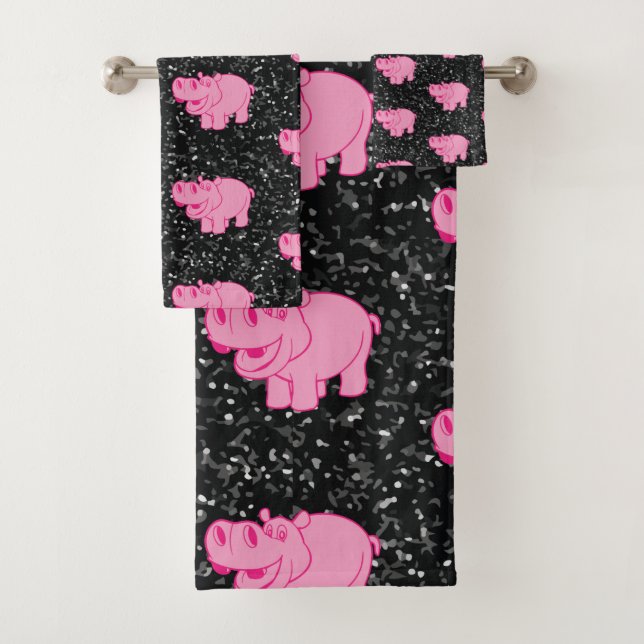 Pink Hippos Cute Hippopotamus Smiling Face Bath Towel Set (Insitu)