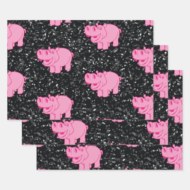 Pink Hippos Cute Hippopotamus Smiling Face Wrapping Paper Sheet (Set)