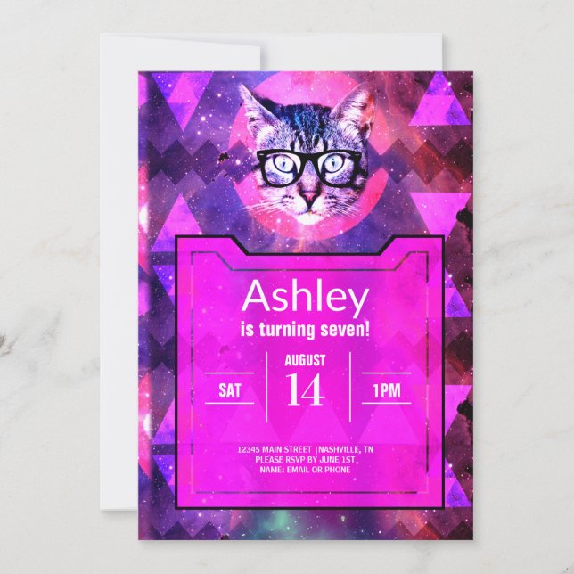Pink Hipster Cat Birthday Invitation (Front)