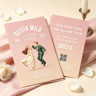 pink holding-hands artwork wedding invitation