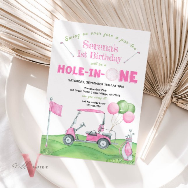 Pink HOLE IN ONE Any Age Golf Birthday Invite (Creator Uploaded)