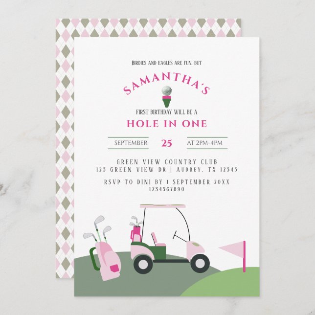 Pink Hole in One Golf 1st Birthday Par-tee  Invitation (Front/Back)
