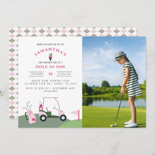 Pink Hole in One Golf 1st Birthday Par-tee Photo Invitation (Front/Back)
