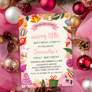 Pink holiday Christmas 1st Birthday party Invitation