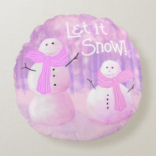 Pink Holiday Christmas Snowman Round Throw Pillow