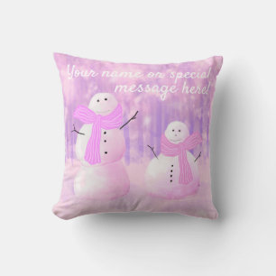 Pink Holiday Personalised Snowman Throw Pillow