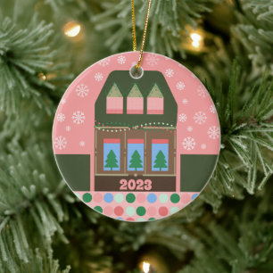 Pink Holiday Village Ceramic Tree Decoration