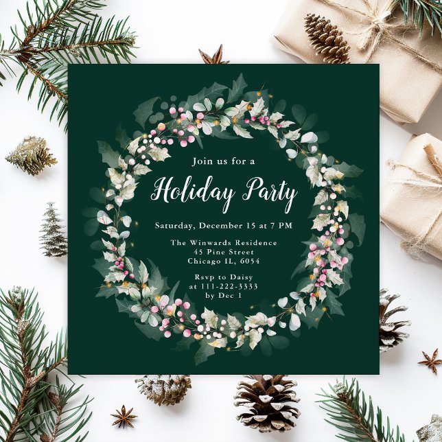 Pink Holly Wreath Holiday Party Invitation (Creator Uploaded)