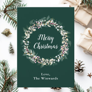 Pink Holly Wreath Merry Christmas Holiday Card