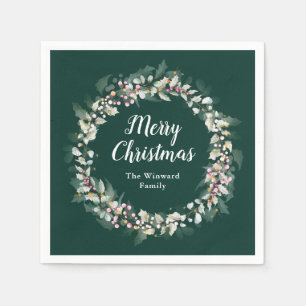 Pink Holly Wreath Merry Christmas Napkin
