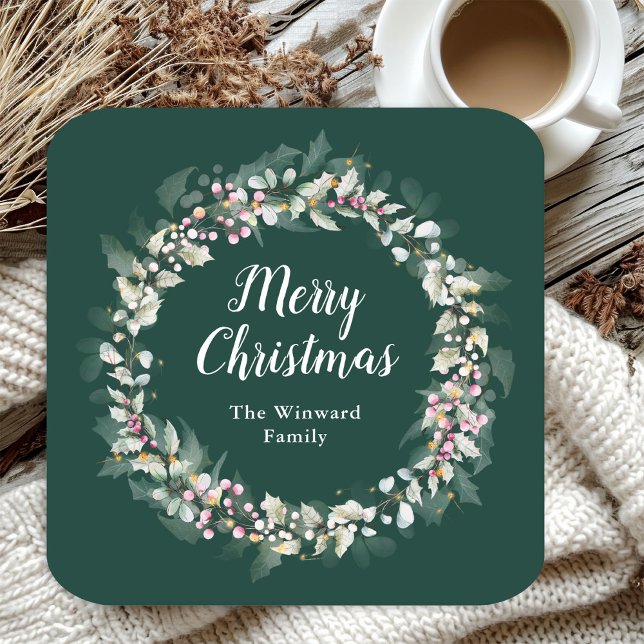 Pink Holly Wreath Merry Christmas Square Paper Coaster (Creator Uploaded)