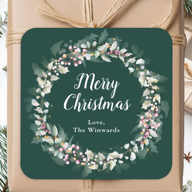 Pink Holly Wreath Merry Christmas Square Sticker (Creator Uploaded)